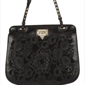 Valentino Garavanj Rockstud and Lace Black Leather Floral Embossed Shoulder Bag